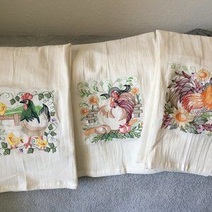 Embroidered Chickens on Tea Towels, Country Hens on Flour Sack Towels